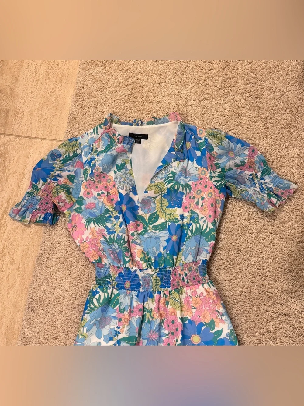 J. Crew Floral Smocked Cinched Waist Chiffon Midi Dress in Blue & Pink- NWOT-XXS